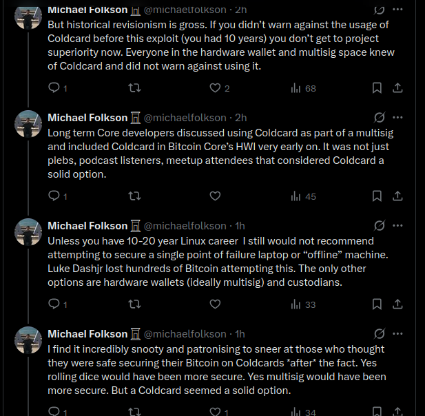 A screenshot of a series of tweets from Michael Folkson (@michaelfolkson) critiquing Coldcard hardware wallets, arguing that historical warnings about its security issues were warranted and noting that figures like Luke Dashjr lost Bitcoin attempting similar setups. The tweets advocate for multisig hardware wallets or custodians as more secure alternatives, aligning with the post's reference to a "brutal but honest mini post mortem about Coldcard."