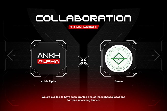 A collaboration announcement graphic displaying 'COLLABORATION ANNOUNCEMENT' between Ankh Alpha and Reeve, noting 'We are excited to have been granted one of the highest allocations for their upcoming launch.'