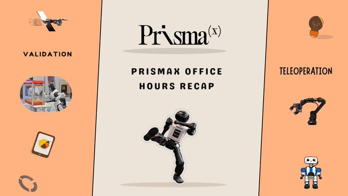 A graphic titled "Prismax Office Hours Recap" showing a humanoid robot in the center with icons for validation and teleoperation on the sides.
