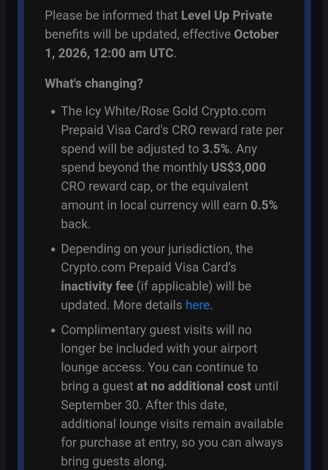 A Crypto.com notification about Level Up Private benefits updating October 1, 2026, including a 3.5% CRO reward rate on the Icy White/Rose Gold Visa Card (0.5% beyond US$3,000 cap), inactivity fee changes, and the end of complimentary airport lounge guest visits after September 30.