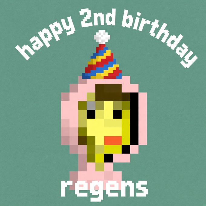 A pixel art birthday card with a green background showing a character wearing a colorful party hat, with text reading 'happy 2nd birthday' at the top and 'regens' at the bottom.