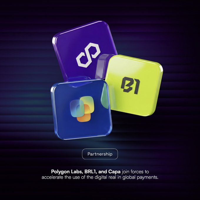 The image features a 3D rendering of three different colored cubes stacked on top of each other against a dark purple background. The cubes are made out of glass, giving them a shiny appearance. Below the cubes, there's text that reads "Partnership Polygon Labs. BRL1 Coin is now live on @BRL1Coin is built on Capa' s onchain-FX stack." This suggests that the image is related to a partnership between Polygon Labs and a digital real called BRL1 coin. The post also mentions that this partnership will enable global payments in seconds, powered by Capa's onchain-FX stack.
