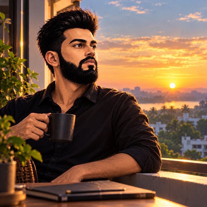 A bearded man in a black shirt sits on a balcony holding a dark coffee mug, gazing thoughtfully at a vibrant sunset over a coastal city skyline.