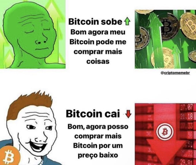 A meme with two panels in Portuguese about Bitcoin: the top shows a calm 'Wojak' with text 'Bitcoin sobe' (Bitcoin rises), and the bottom shows a smiling 'Wojak' with text 'Bitcoin cai' (Bitcoin falls).