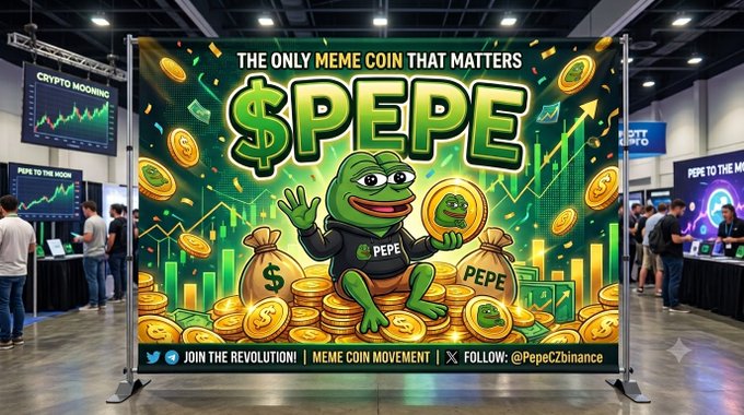 A trade show booth displays a large banner for '$PEPE' featuring the Pepe the Frog character, with text reading 'THE ONLY MEME COIN THAT MATTERS' and handles '@PepeCzbInance'.