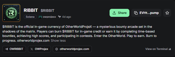 A pump.fun token page for $RIBBIT on the Solana blockchain, describing it as the official in-game currency of OtherWorldProj for a bounty arcade game where players burn $RIBBIT for credit.