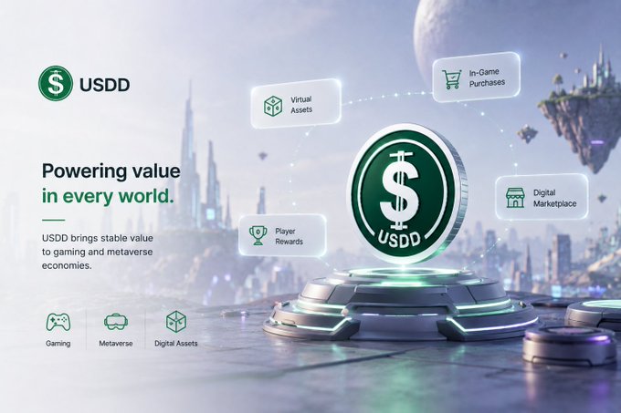 A promotional graphic for USDD cryptocurrency displays the tagline "Powering value in every world" with descriptions about gaming and metaverse economies, featuring icons for Virtual Assets, In-Game Purchases, Player Rewards, and Digital Marketplace.