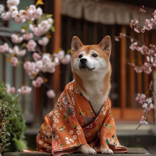 The image features a Shiba Inu dog wearing an orange kimono, sitting on a stone surface with its front paws resting on a stone wall. The dog appears to be posing for the camera, showcasing its unique attire. The background of the photo includes cherry blossoms and a building, adding to the overall aesthetic appeal of the scene.

The image is related to a post about Shiba Inu dogs, as indicated by the caption "SHIB @Rakuten Wallet Great to see continued support for the SHIB community in Japan Rakuten Wallet is currently running a SHIB campaign for eligible users". This suggests that the dog's attire and pose are part of an ongoing promotion or event related to Shiba Inu dogs.