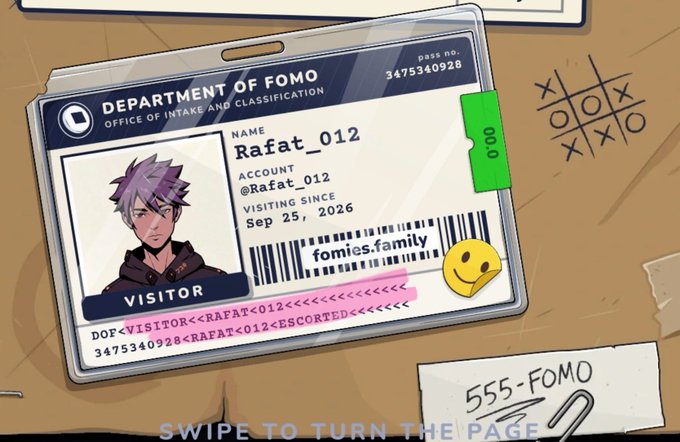 An illustrated digital ID card from the 'DEPARTMENT OF FOMO' with the name 'Rafat_012', account '@Rafat_012', and 'VISITING SINCE Sep 25, 2026', featuring an anime-style male character with purple hair and the text 'SWIPE TO TURN THE PAGE'.