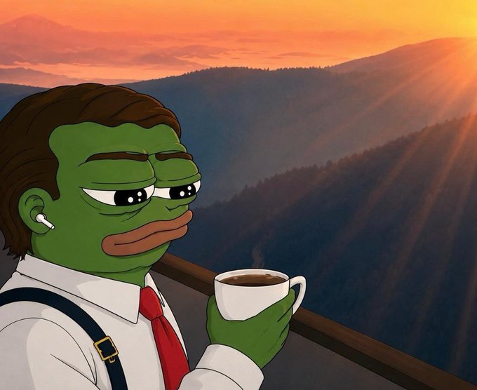 A digital illustration of a Pepe the Frog character with brown hair, wearing a white shirt, red tie, and earbuds, holding a coffee cup while gazing at a mountain sunset.