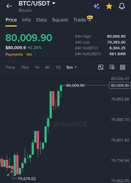 A cryptocurrency trading chart displays the "BTC/USDT" Bitcoin price at "80,009.90" with a +0.26% increase, showing a green and red candlestick graph trending upward.