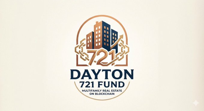 The image features a logo for Dayton 721 Fund. The logo includes a circle with a building design inside of it that reads "72221 fund". This building, which represents a cryptocurrency, shows a connection between the fund's purpose and the cryptocurrency market in question. In addition to this central feature, there is also a chain link surrounding the building symbolizing the fund's focus on multi-tiered security measures for its Bitcoin investments. The use of a currency icon alongside a building design effectively communicates Dayton 721 Fund's association with Bitcoin.