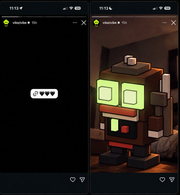 The image shows an Instagram post from "vibe/vibe" where the first frame displays a loading icon with hearts, and the second frame reveals a blocky, voxel-style character resembling a robot with glowing green eyes. This relates to the post's offer of free exclusive NFTs that can be deployed as playable, agentic characters, showcasing one of the available NFT characters available to holders.