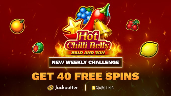 A promotional banner for Jackpotter featuring "Hot Chilli Bells: Hold and Win" by BGaming, advertising a "New Weekly Challenge" offering "GET 40 FREE SPINS" with flames, fruits, and a golden bell graphic on a red background.