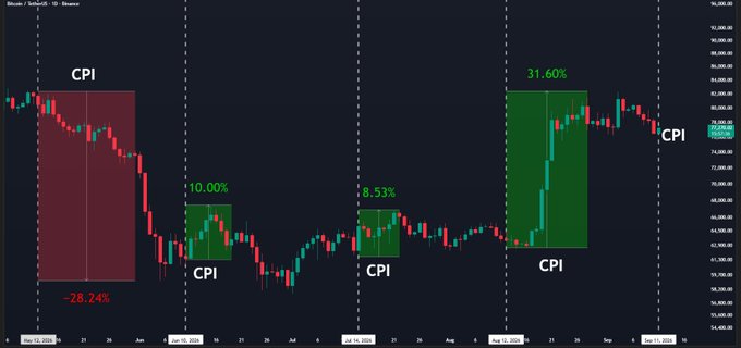 The image shows a Bitcoin (BTC) candlestick chart highlighting four historical CPI (Consumer Price Index) announcement reactions, marked with shaded boxes showing returns of -28.24%, +10.00%, +8.53%, and +31.60%, with BTC currently trading around $77K near the most recent CPI label in anticipation of today's print.