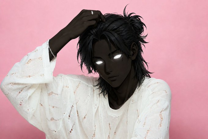 An anime-style digital illustration of a dark-skinned character with glowing white eyes, messy black hair, and a white knit sweater posing against a pink background.