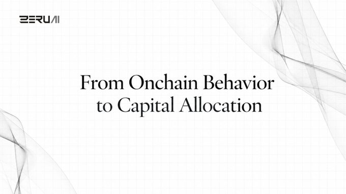 Minimalist white presentation slide for ZERU AI with grid lines and smoke-like graphics, displaying the text 'From Onchain Behavior to Capital Allocation'.