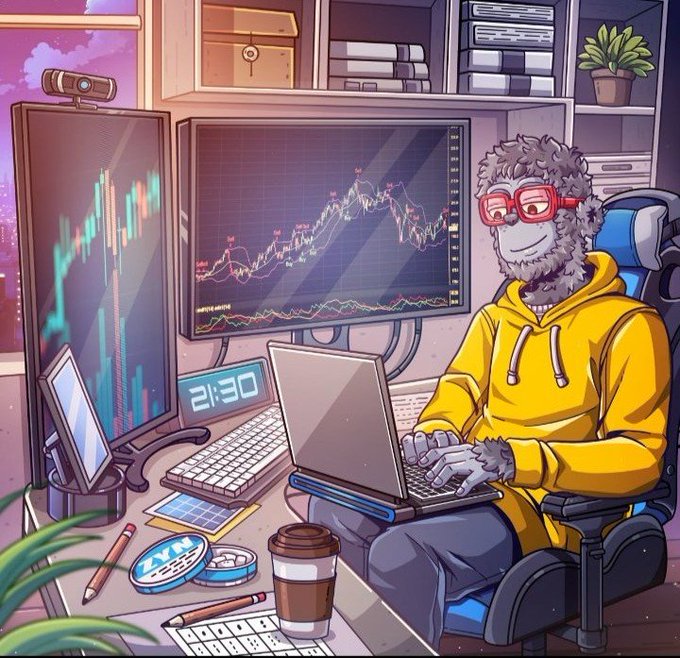 A cartoon illustration of a furry character wearing red glasses and a yellow hoodie, sitting at a desk with multiple monitors displaying cryptocurrency charts and trading data.