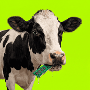 A black and white cow with drool dripping from its mouth appears to be eating a green RAM stick, set against a bright green background.