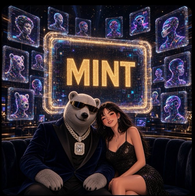 A glamorous anthropomorphic bear in sunglasses and a black sequined dress-clad woman pose on a velvet couch beneath a glowing golden "MINT" sign, surrounded by holographic NFT portraits in a futuristic lounge. The scene visually reinforces the post's commentary on PlayOnMint, depicting the casino/NFT platform as a high-stakes, celebrity-style experience where digital collectibles and real-time rewards run in parallel.