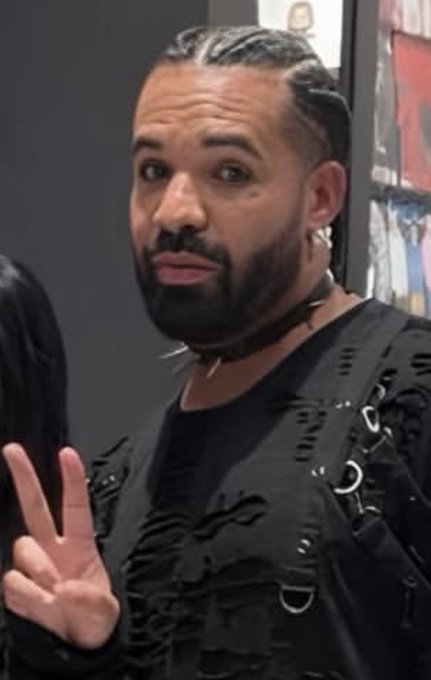 The image shows a man with braided hair and a beard, wearing a distressed black top and a spiked choker, making a peace sign. He bears a strong resemblance to the rapper Drake, and the image may be used to humorously reference the "Drake-like" reaction to the news that 16% of $STONK supply has been burned—a significant milestone suggesting bullish sentiment for the token.