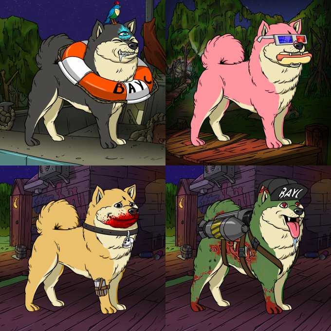 A four-panel cartoon illustration showing stylized dog-like creatures in various outfits and scenes, including one with a life ring labeled 'BAIY' and another wearing 3D glasses.