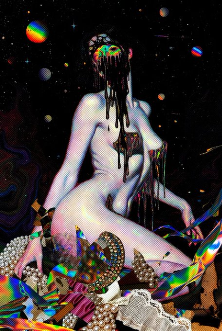 A surreal digital collage featuring a pale nude female figure with dripping, paint-like distortion effects over her face, surrounded by floating planets and colorful crystals against a dark, pixelated starry background.