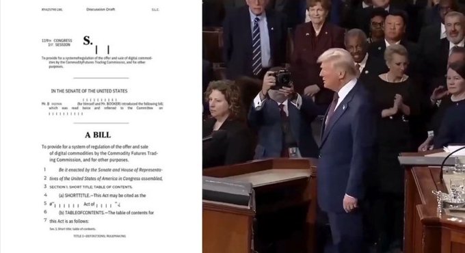 The image shows the "Discussion Draft" of the 119th Congress's S.____ bill to "provide for a systematization of the offer and sale of digital commodities by the Commodity Futures Trading Commission," displayed alongside a photo of President Trump arriving at a podium surrounded by applauding supporters. This relates to the post about the CLARITY Act, which addresses digital commodity regulation and faces Senate delays amid Trump's upcoming White House meeting with crypto executives from Coinbase, Ripple, Chainlink, a16z, and others.