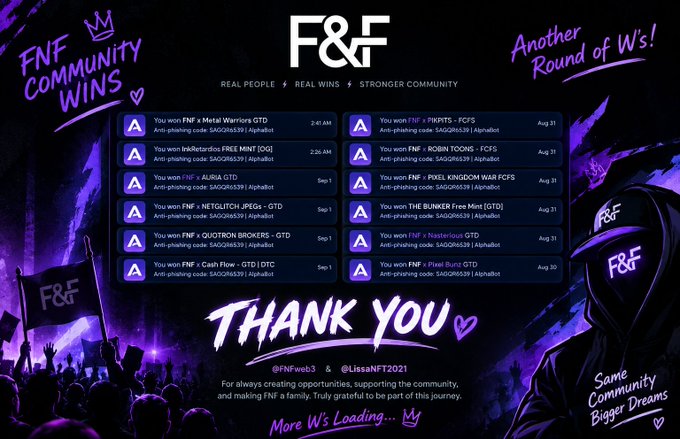 A promotional graphic for F&F trading community titled 'Another Round of W's!' listing multiple funded account wins (FNF, Robinhood, FXPIGEL KINGDOM, THE BURKER, NextHour, Pixel Burst) on August 31 and September 1, with 'THANK YOU' text and a hooded figure in F&F apparel.