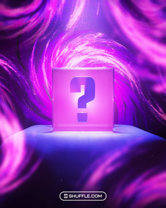 A glowing pink cube with a question mark floating against a swirling purple and magenta cosmic background, with 'SHUFFLE.COM' text at the bottom.