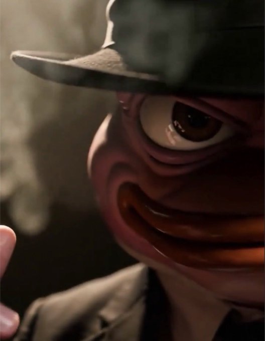 3D rendered close-up portrait of a character wearing a black hat, featuring one large visible brown eye, wrinkled reddish skin, and a wide smile in a dimly lit setting.