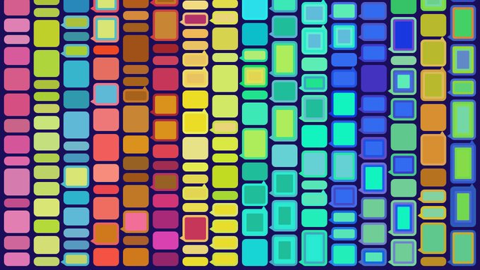 A colorful abstract digital artwork composed of a grid of rounded squares in varying bright shades of blue, green, yellow, orange, and red.