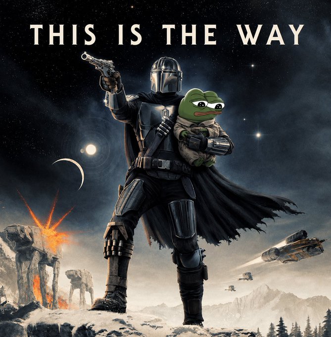 A Star Wars-themed illustration featuring a character in Mandalorian-style armor pointing a blaster forward, holding a sad Pepe the Frog character, with the text 'THIS IS THE WAY' above.