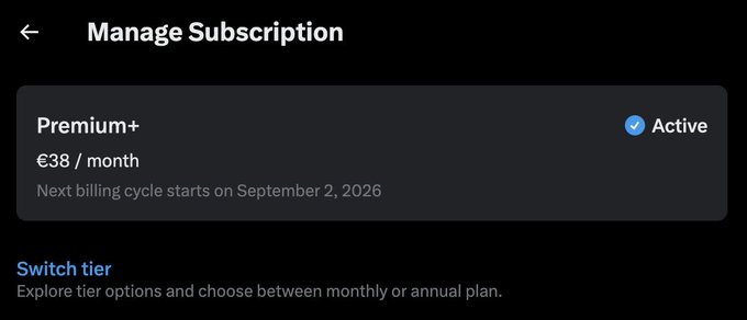 A dark-themed subscription management screen shows an active 'Premium+' plan costing €38/month, with the next billing cycle starting on September 2, 2026.