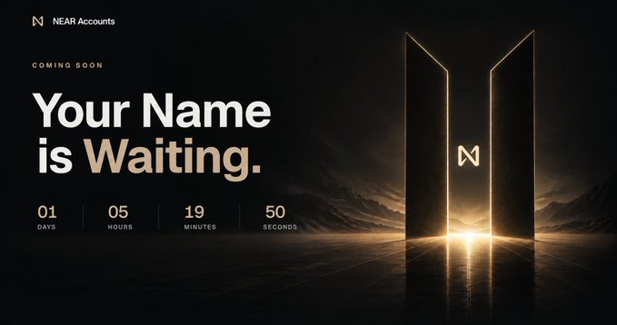 A promotional graphic for NEAR Accounts with the text 'Your Name is Waiting.' and a countdown timer showing 01 days, 05 hours, 19 minutes, 50 seconds, set against a dramatic landscape with glowing golden pillars.