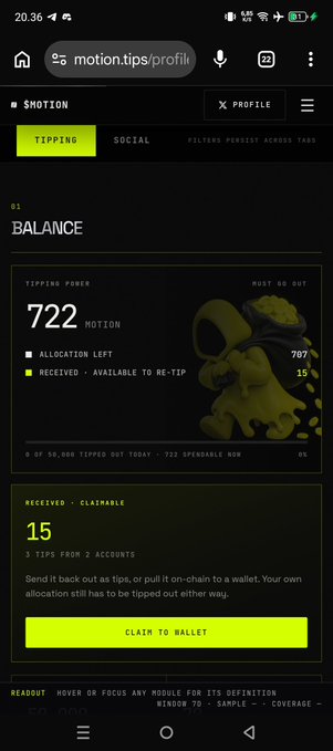 A mobile screenshot of the motion.tips profile page showing a "BALANCE" of 722 MOTION and a claimable amount of 15, with a dark interface featuring neon green accents.