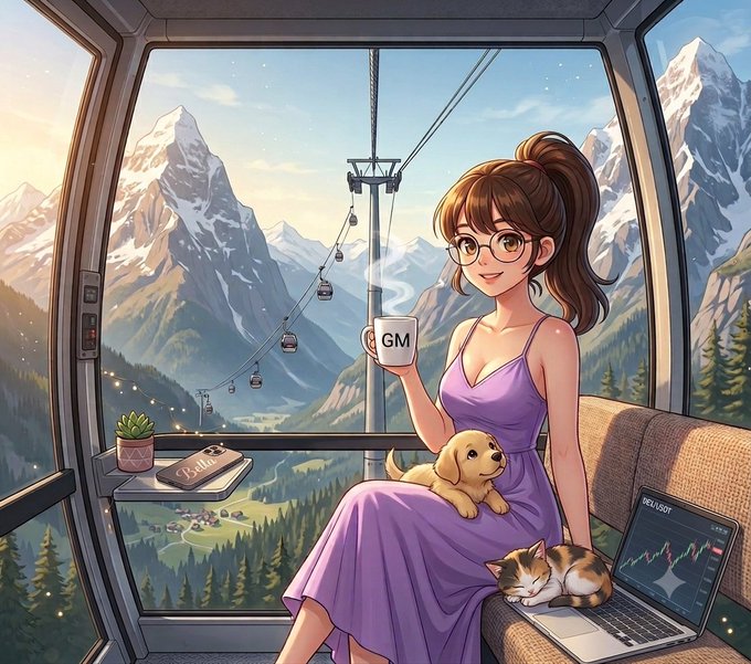 The image features a woman sitting inside an elevator, holding a cup of coffee while looking out at a beautiful mountain landscape through the glass window. The scene includes two cats resting nearby, one closer to the left side of the image and another on the right side. A laptop is also present in the scene, placed near the center-right area of the image.