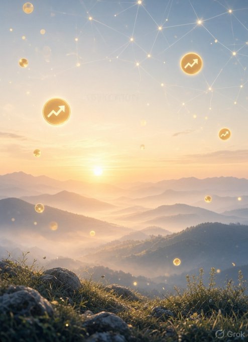 A scenic sunrise over misty mountains with overlaid golden cryptocurrency-style icons showing upward trending arrows and connected nodes in a network pattern, watermarked 'Grok'.