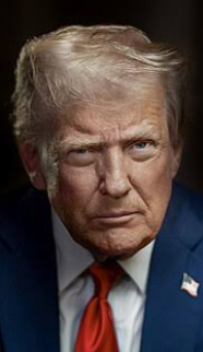 Portrait photo of Donald Trump wearing a dark suit with a red tie and an American flag lapel pin.