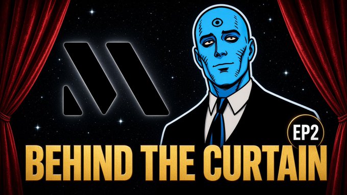 Stylized thumbnail for a video titled 'BEHIND THE CURTAIN EP2,' featuring a Watchmen-style blue Dr. Manhattan-like figure in a suit beside the Adobe logo, framed by red theater curtains against a starry background.