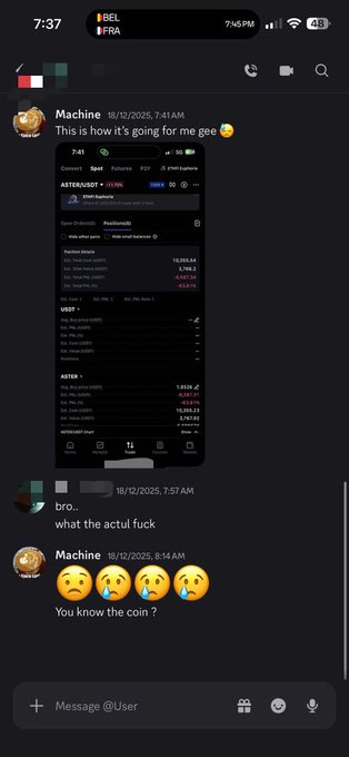 A Discord conversation where a user named Machine shares a screenshot of an Astroon (ASTER) trading account showing significant losses, prompting reactions of disbelief from another user about the cryptocurrency losses.