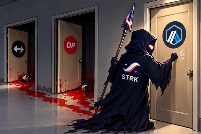 A digital illustration depicts a hooded figure with glowing eyes and a 'STRK' logo on their cloak, holding a spear while standing before doors labeled with various cryptocurrency logos, with a blood-red trail and a fallen crown emerging from one doorway.