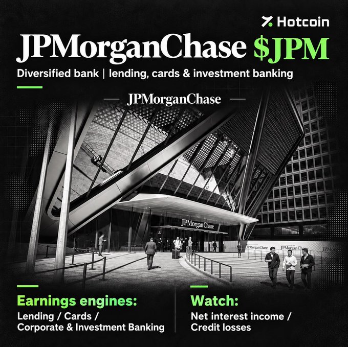 An infographic from Hotcoin about JPMorgan Chase ($JPM), describing it as a diversified bank with lending, cards & investment banking, highlighting earnings engines and watching net interest income/credit losses.