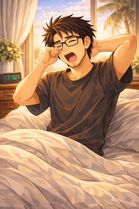 An anime-style illustration of a man with glasses yawning widely while waking up in bed, with a digital clock displaying 7:12 and a sunlit beach view through the window behind him.