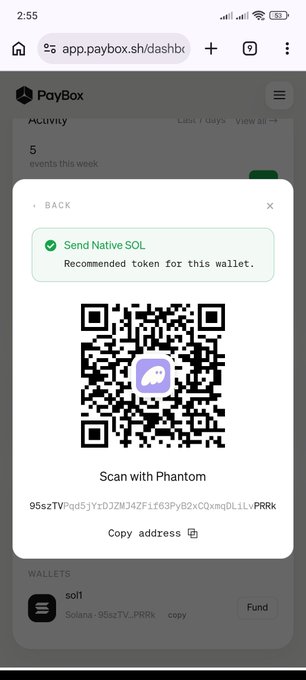 A mobile screenshot of the Paybox dashboard displaying a QR code to 'Send Native SOL' with the Phantom wallet icon and a Solana wallet address.