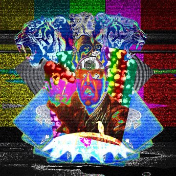 The image shows a vibrant, surreal psychedelic digital artwork featuring an abstract face with an all-seeing eye, surrounded by colorful patterns and dripping effects, set against a glitched rainbow background. The chaotic, AI-generated aesthetic ties into the "QT your Tezos Art" post by showcasing the experimental, NFT-friendly digital art style often minted on the Tezos blockchain.