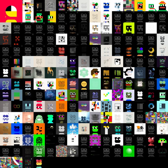 A dense grid of numerous small square tiles featuring various colorful pixel art designs, faces, patterns, and abstract illustrations on dark backgrounds.