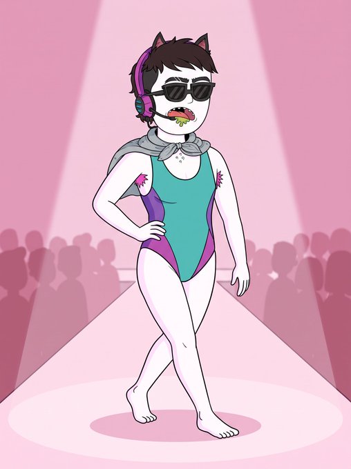 A digital illustration of a white anthropomorphic character with cat ears, wearing sunglasses, headphones, and a teal and purple leotard, walking on a pink runway with a green substance coming from their mouth.