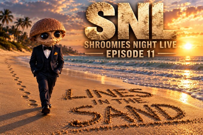 A promotional thumbnail for 'SNL - Shroomies Night Live Episode 11' featuring an anthropomorphic mushroom character in a tuxedo walking on a beach at sunset, with 'LIVES IN THE SAND' written in the sand.