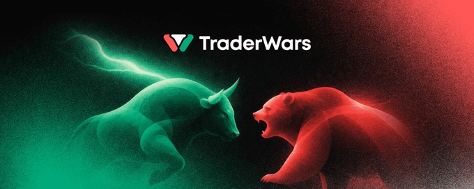 The image shows the "TraderWars" logo above a dramatic green bull and red bear facing off, symbolizing the platform's gamified battle between bullish and bearish perpetual traders on Hyperliquid.